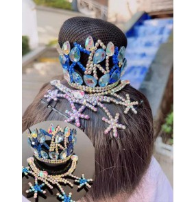 Girls figure skating headdress Kids latin ballroom competition dance blue diamond head piece Calisthenics  rhythmic gymnastics Race rhinestone hair ornament hair accessory